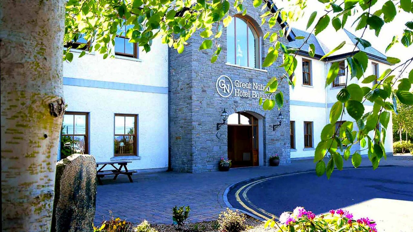 Exterior image and entrance of a hotel in Ireland. Book the most reliable Ireland hotels with Great National Hotels and Resorts. Get the best rates and offers when you book direct.