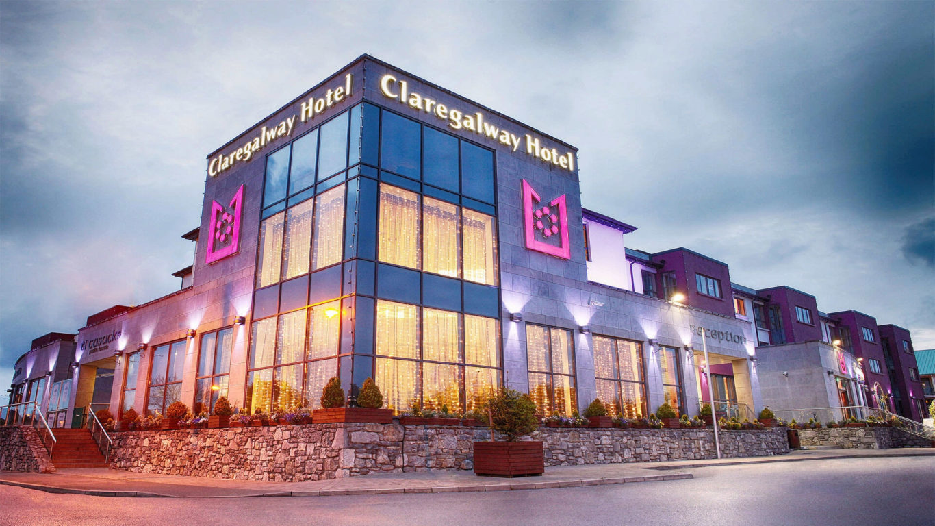 The exterior of Claregalway hotel at dusk, based in Claregalway, Co. Galway. Great National Hotels and Resorts have a wide selection of accommodation available throughout Ireland. Book direct for best rate guarantee.